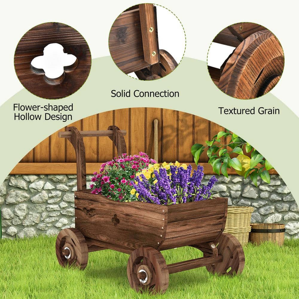 HONEY JOY Wooden Wagon Planter Box Decorative Garden Planter with Wheels Handle Drain Hole Rustic Wooden Flower Planter TOPB006816