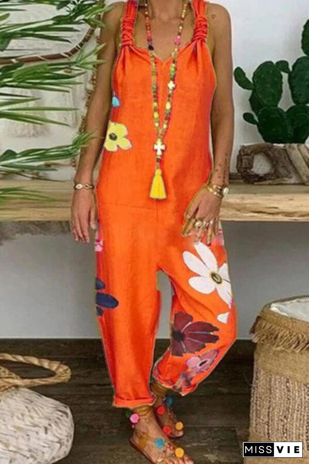 Fashion Sleeveless Flower Print Jumpsuit