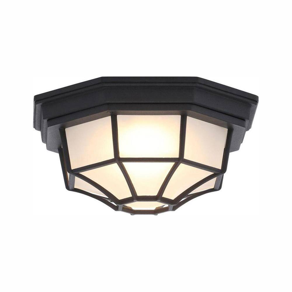 Hampton Bay Hampton Bay 10.5 in. 1 Light Black Outdoor Weather Resistant Integrated LED Flush Mount with Frosted Glass Shade HB7072LED-05