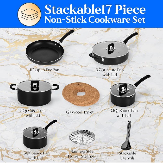 Nutrichef Kitchenware 17 Piece Non stick Cookware Set Non stick Pans And Pots With Foldable Knob Space Saving Stackable Nylon Tools Set