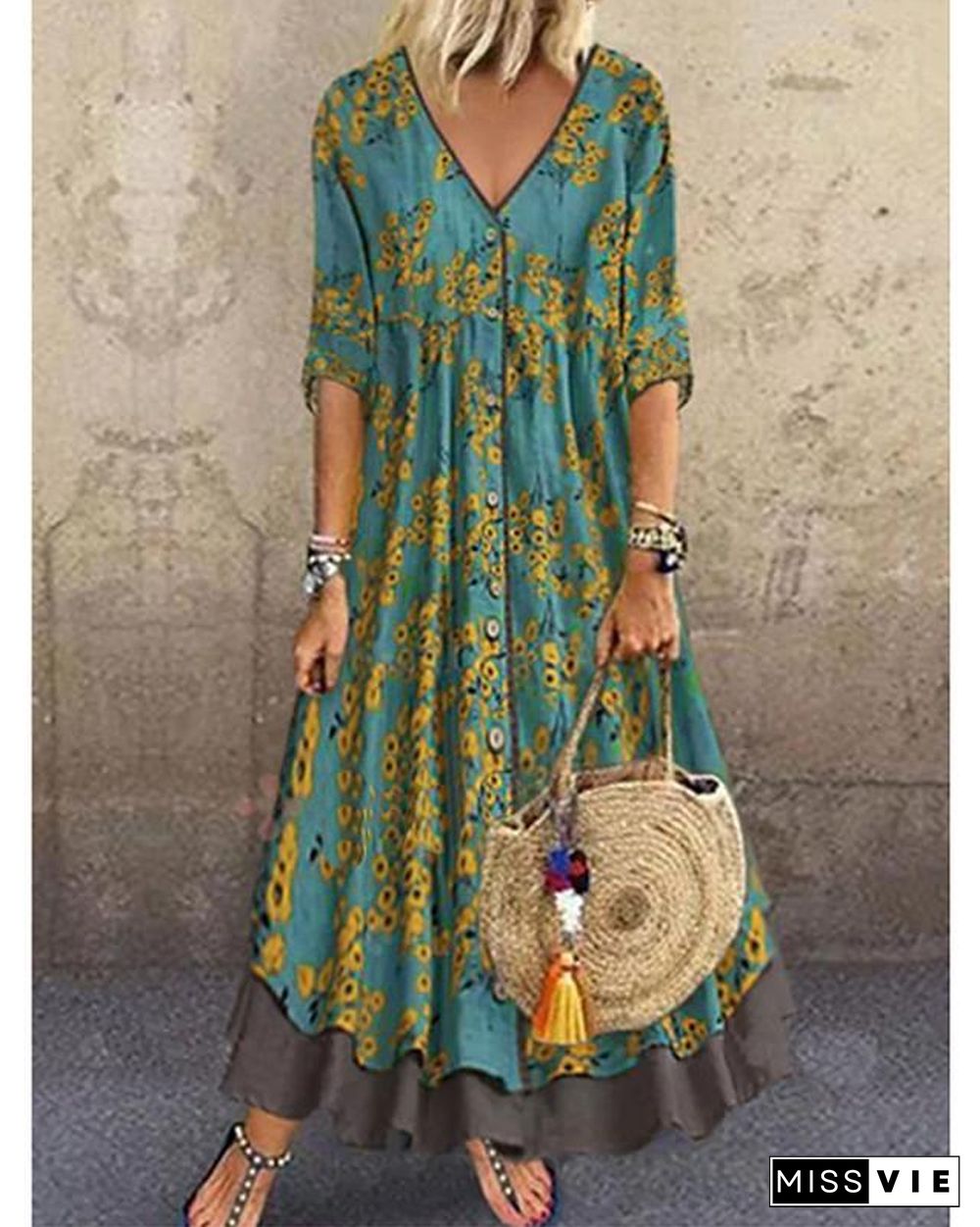 Women's A-Line Dress Maxi long Dress - Half Sleeve Floral Layered Button Print Spring & Summer Deep V Hot Casual Holiday vacation dresses Loose  Red Green Gray M L XL XXL 3XL