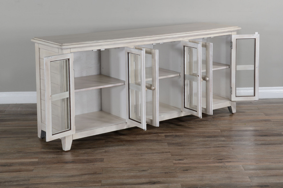 70 quotDistressed White TV Stand Media Console Glass Doors Storage Cabinet   Farmhouse   Entertainment Centers And Tv Stands   by Sideboards and Things  Houzz