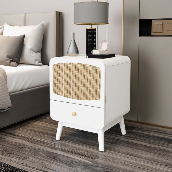 White Nightstand， Bedside Table with Storage Drawe Rattan Door