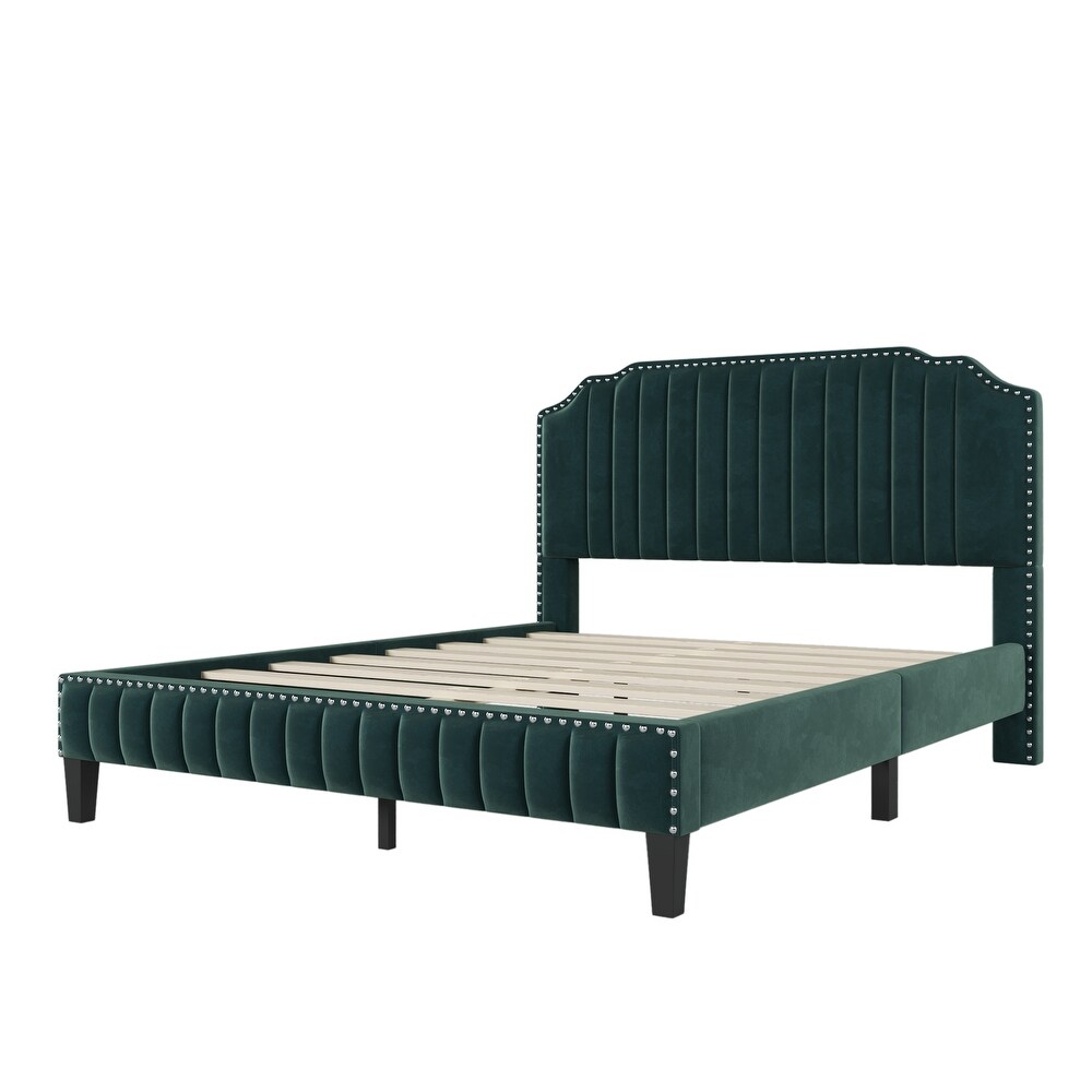 Queen Size Upholstered Platform Bed 3 Pieces Bedroom Set with 2 Nightstands  Velvet Platform Bed Frame with Nailhead Trim  Green