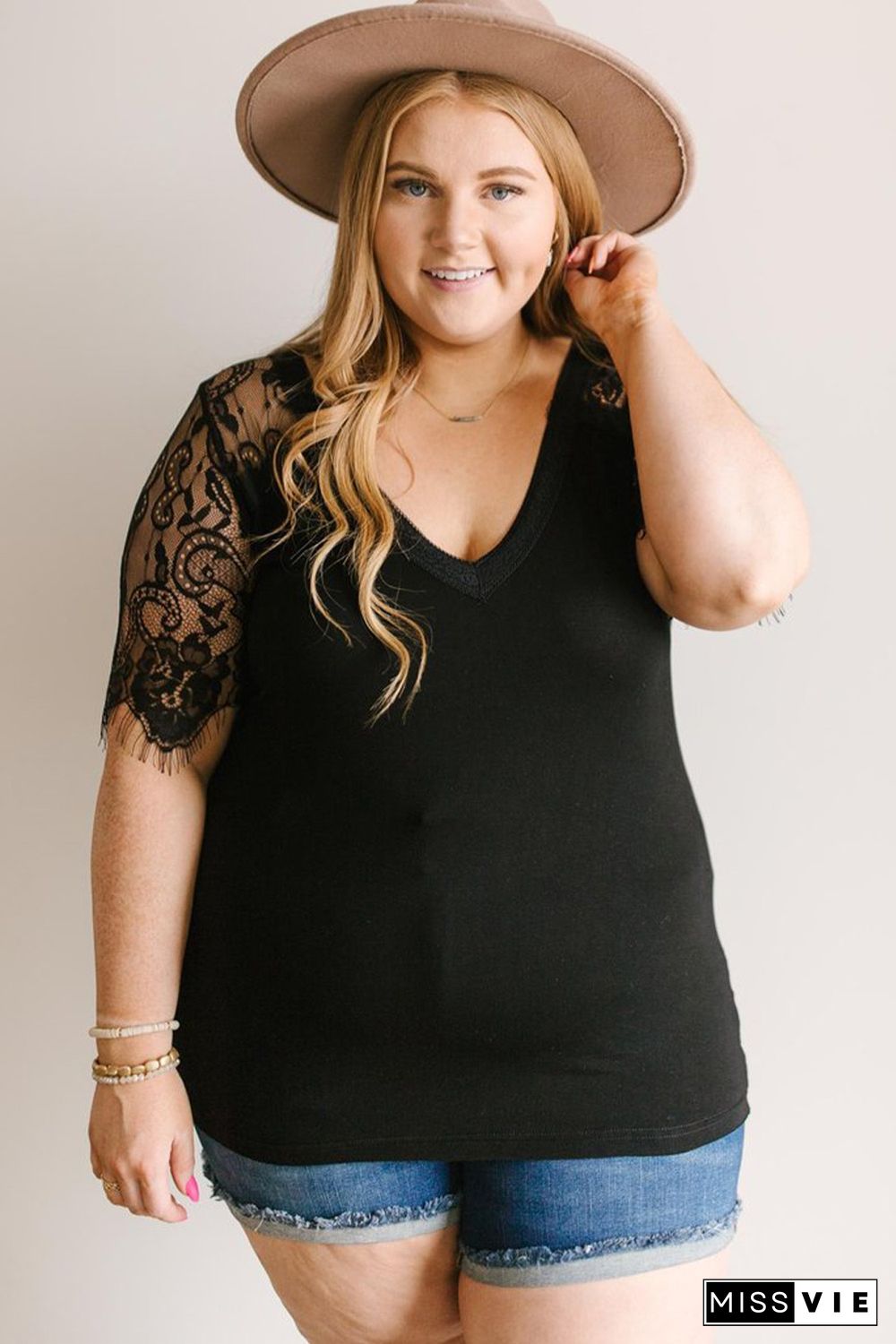 Black Lace Short Sleeve V Neck Plus Size Tee