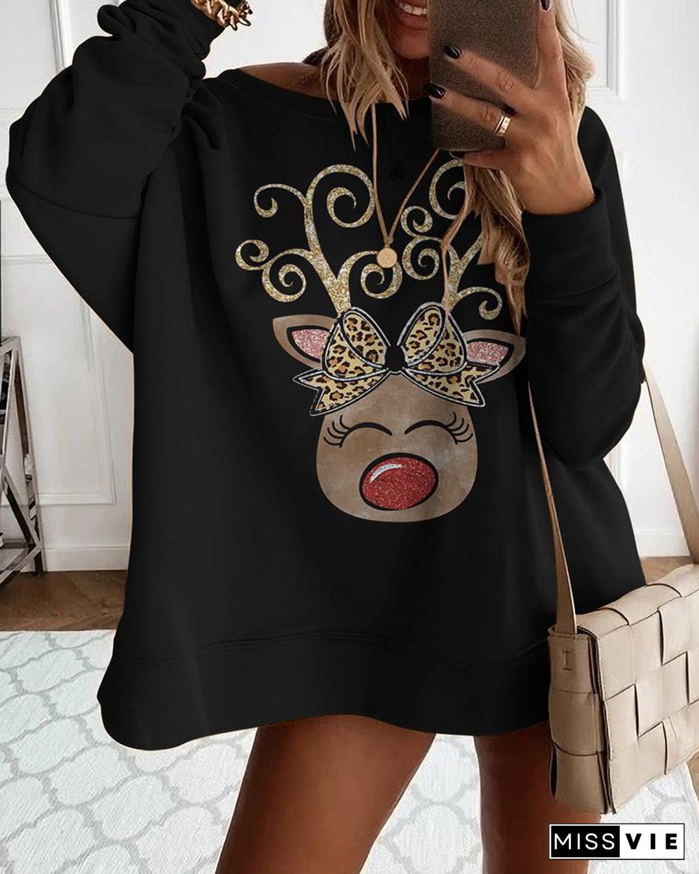 Moose Print Long Sleeve Sweatshirt Dress