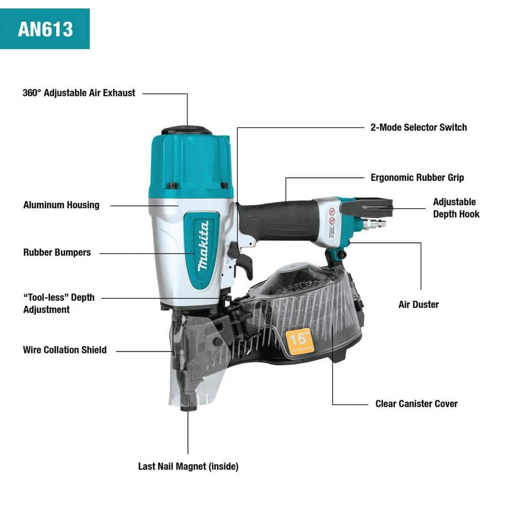 Makita 2-1/2 in. Pneumatic 15° Siding Coil Nailer AN613