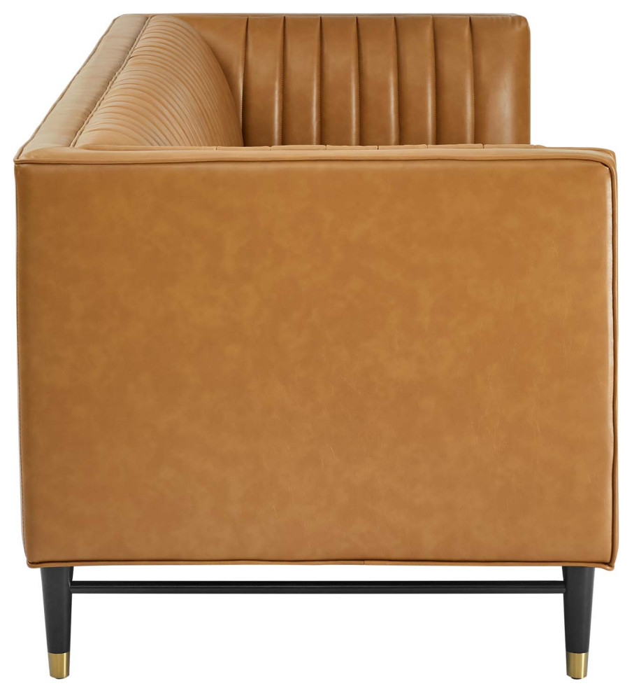 Devote Channel Tufted Vegan Leather Sofa  Tan   Midcentury   Sofas   by PARMA HOME  Houzz