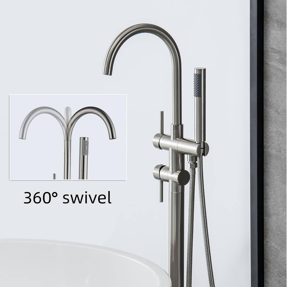 ATKING Round 2-Handle Floor-Mount Roman Tub Faucet with Hand Shower in Stainless Steel in Brushed Nickel HBF-602