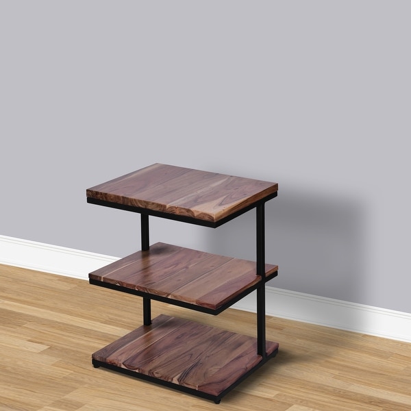 Industrial End Table with 3 Tier Wooden Shelves and Metal Frame， Brown and Black