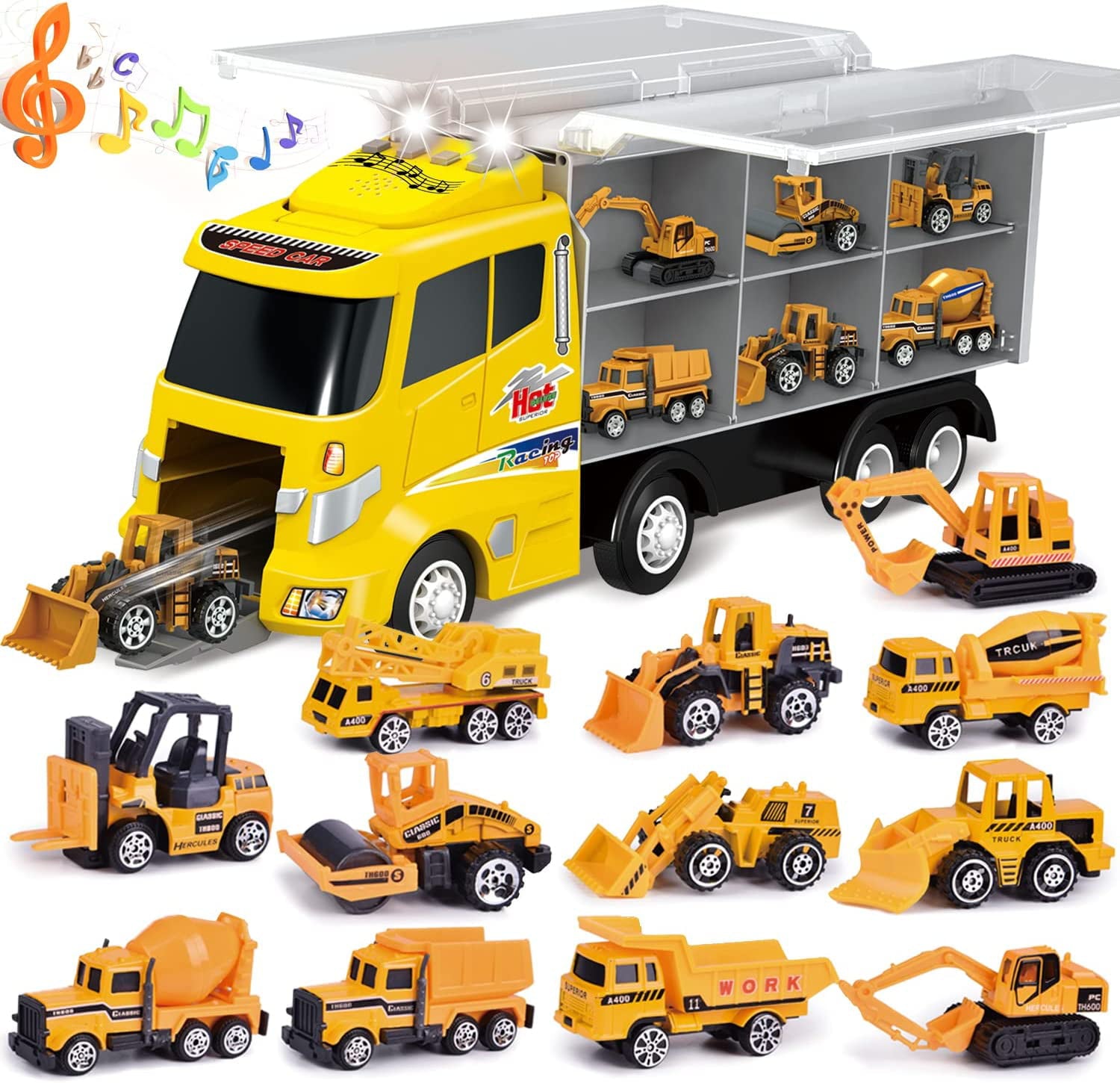 Fun Little Toys  12 in 1 Construction Trucks Toy Cars for Toddlers， Mini Cars in Carrier Truck Car Carrier Toy with Light and Sound