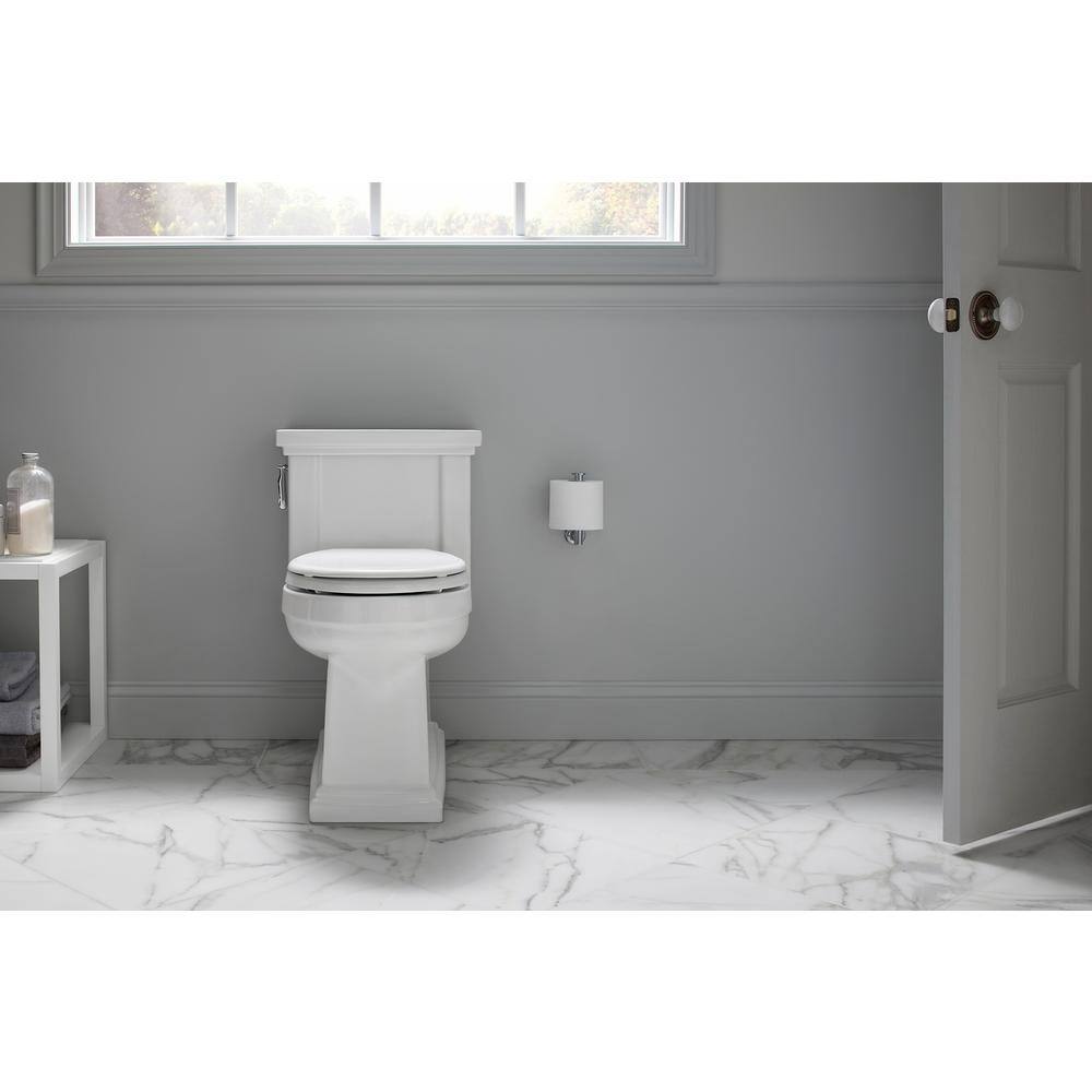 KOHLER Tresham 1-Piece 1.28 GPF Single Flush Elongated Toilet with AquaPiston Flush Technology in White Seat Included K-3981-0