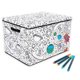 BAUM Kid's White Coloring Medium Cube Storage Bin with Removable Divider and 4-Pack of Washable Markers 21A351SE