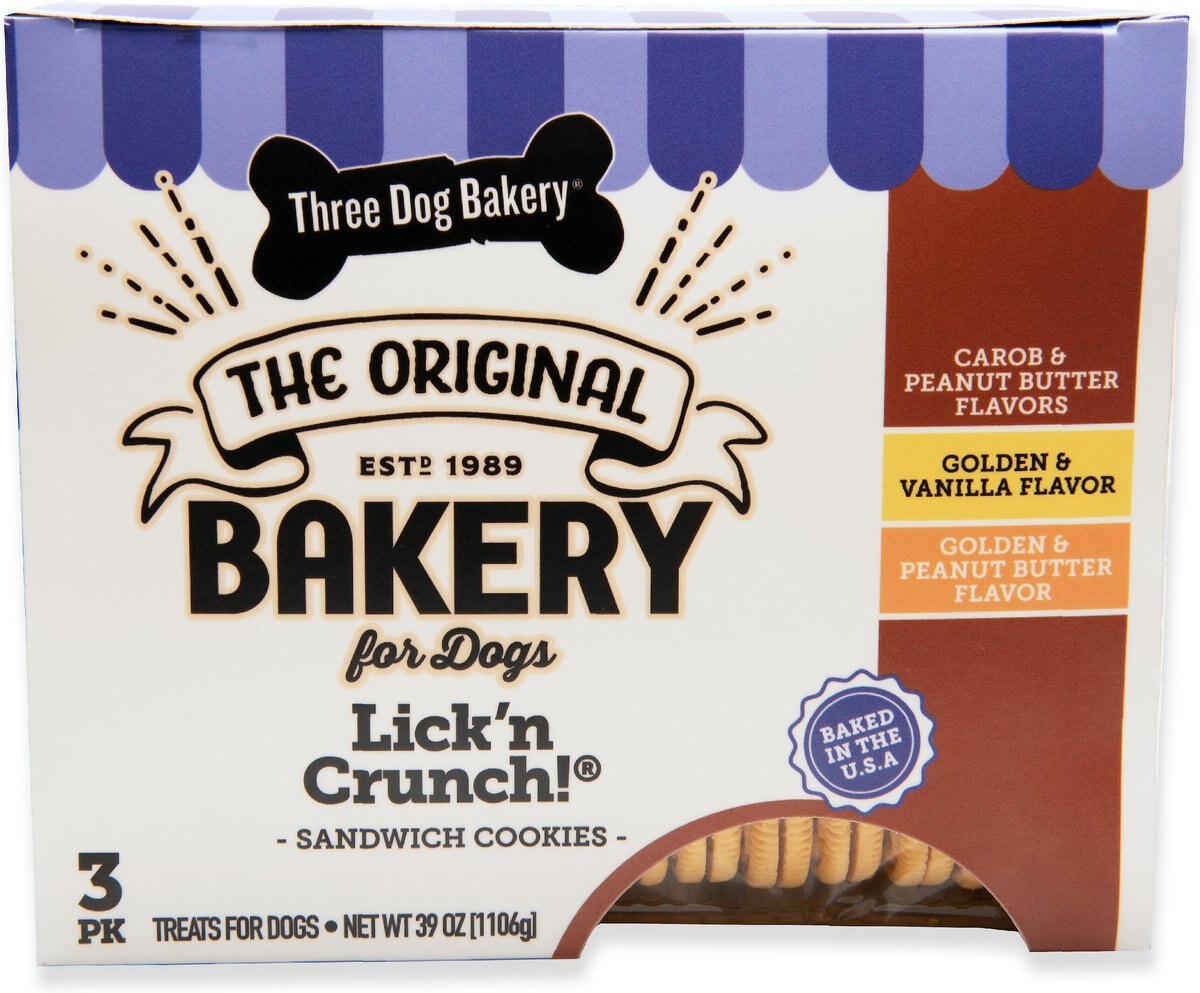 Three Dog Bakery Lick'n Crunch! Sandwich Cookies Dog Treats， 39-oz box