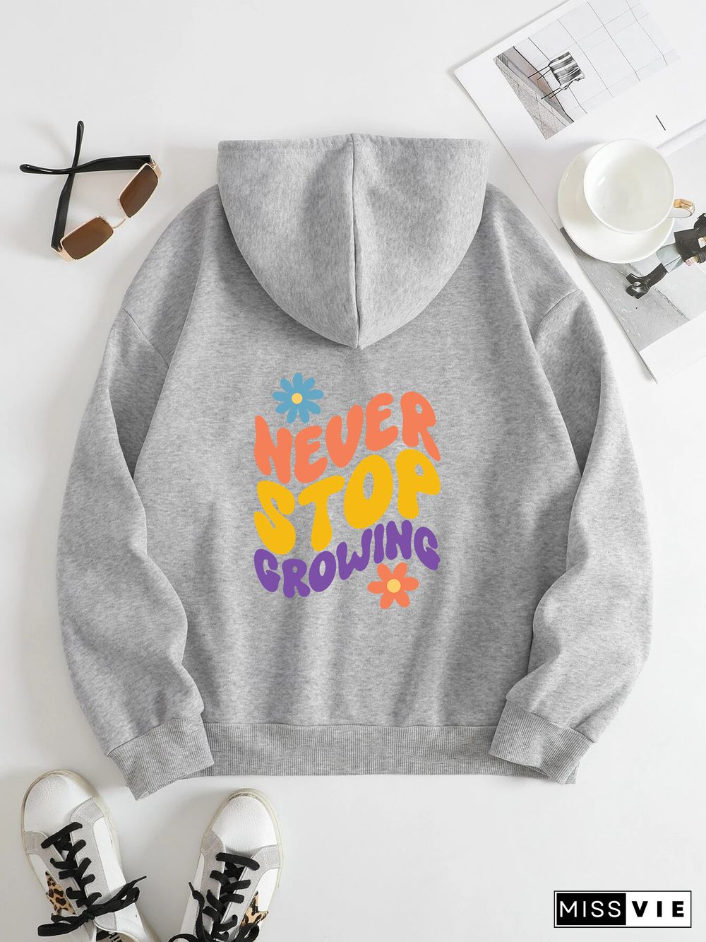 Printed on the Back Kangaroo Pocket Hoodie Long Sleeve for Women Pattern never stop growing