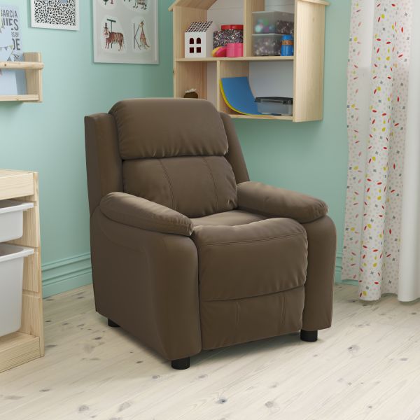 Flash Furniture Deluxe Heavily Padded Contemporary Brown Microfiber Kids Recliner with Storage Arms [BT-7985-KID-MIC-BRN-GG]