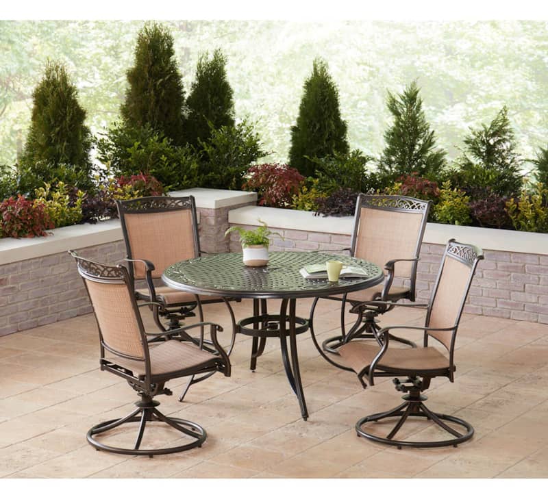 Hanover Fontana 5-Piece Outdoor Dining Set In Tan/Bronze With 4 Sling Swivel Rockers， 48 Round Cast-Top Table