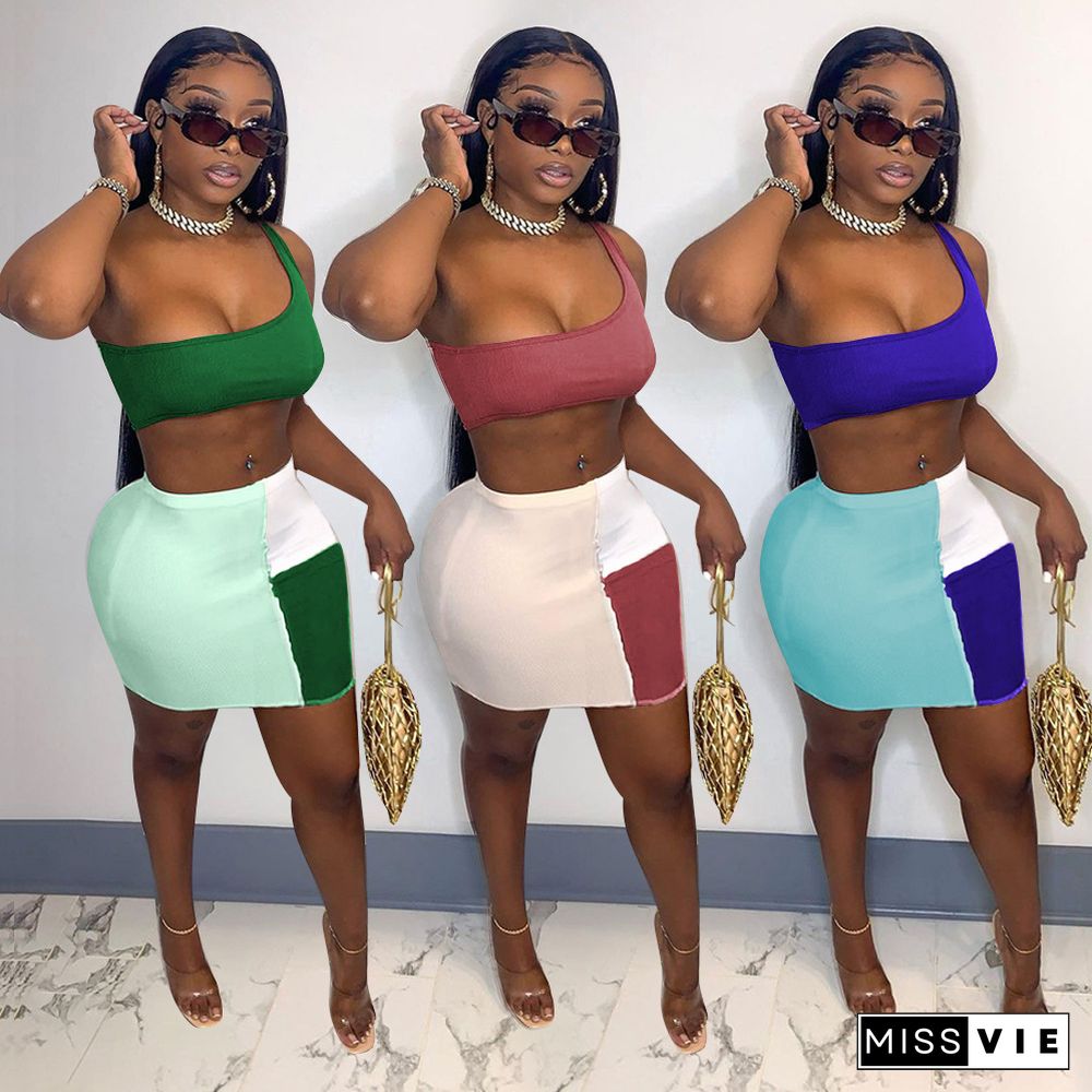 Hot Sales Sexy One Shoulder Sleeveless Crop Top Color Contrast Patchwork Skirt Women Two Piece Set