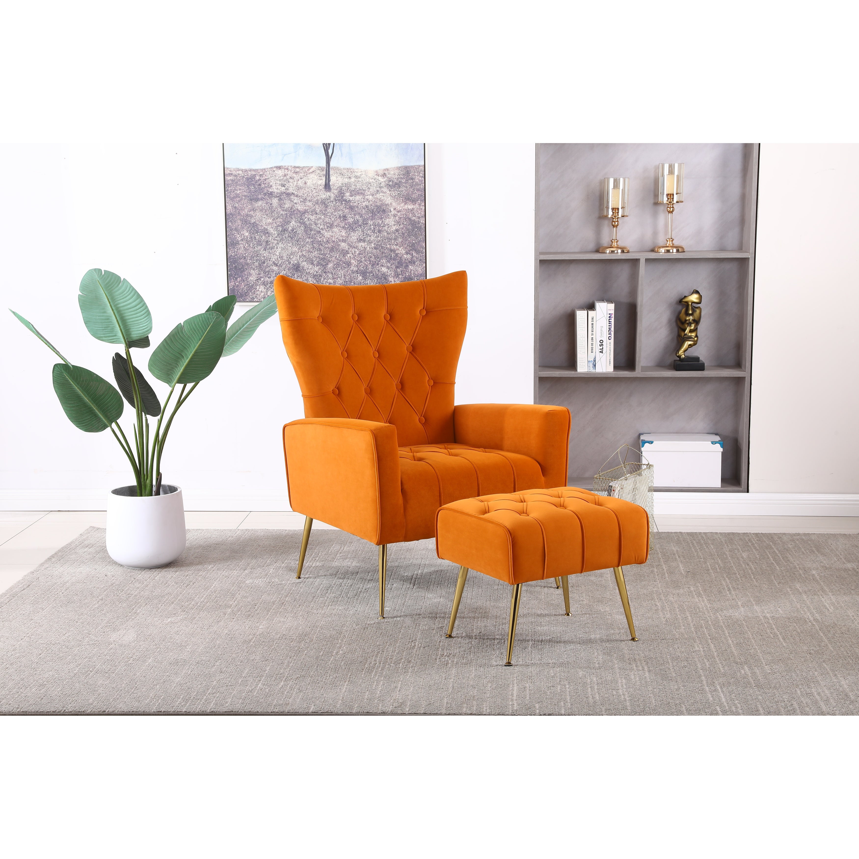 Velvet Accent Chair with Ottoman Upholstered Tufted Armchair， Single Sofa Lounge Chair