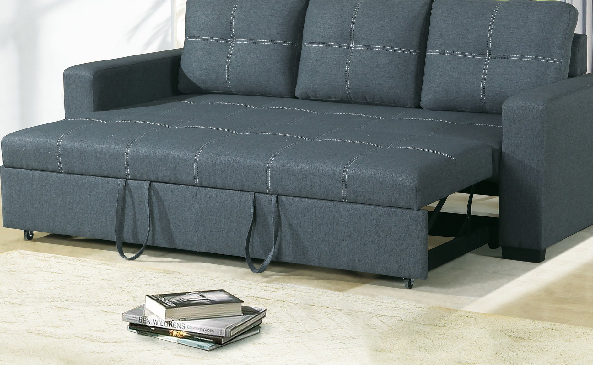 Convertible Sofa Bed Bobkona Living Room Sofa w Pull out Bed Accent Stitching Comfort Couch Blue Grey Polyfiber