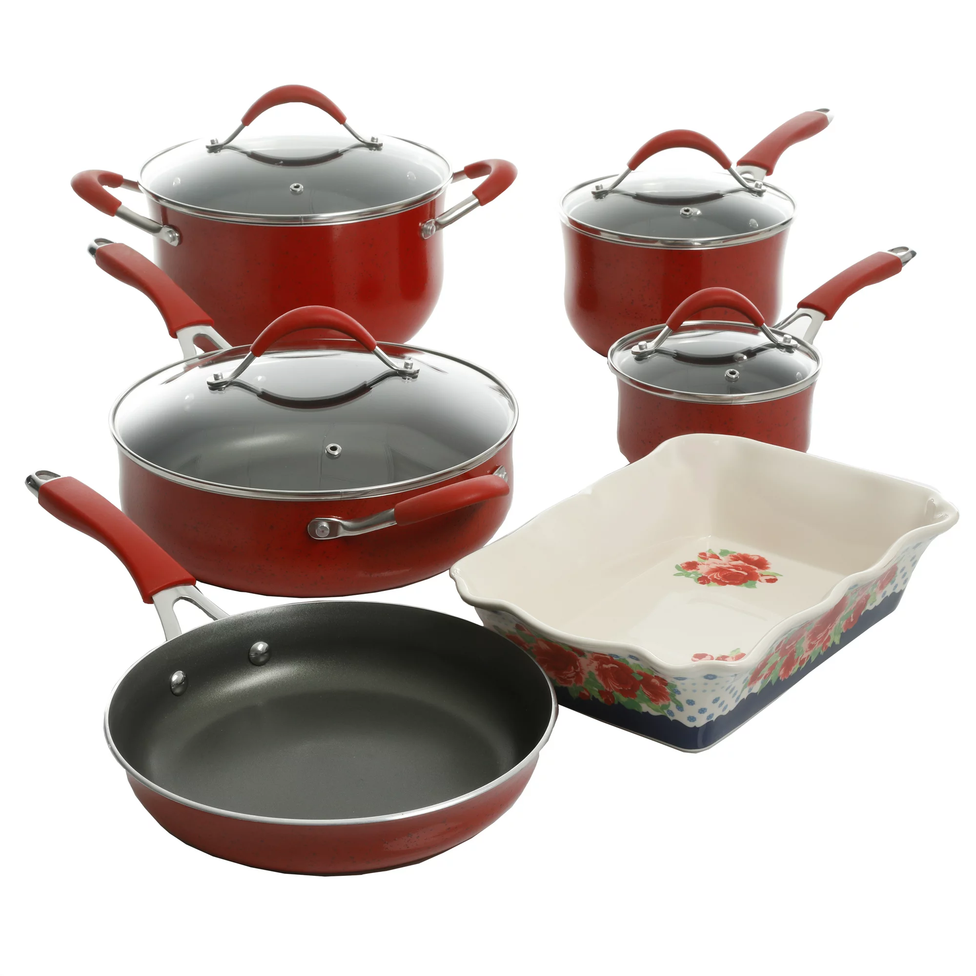 The Pioneer Woman Frontier Speckle 10-Piece Aluminum Nonstick Cookware Set， Red