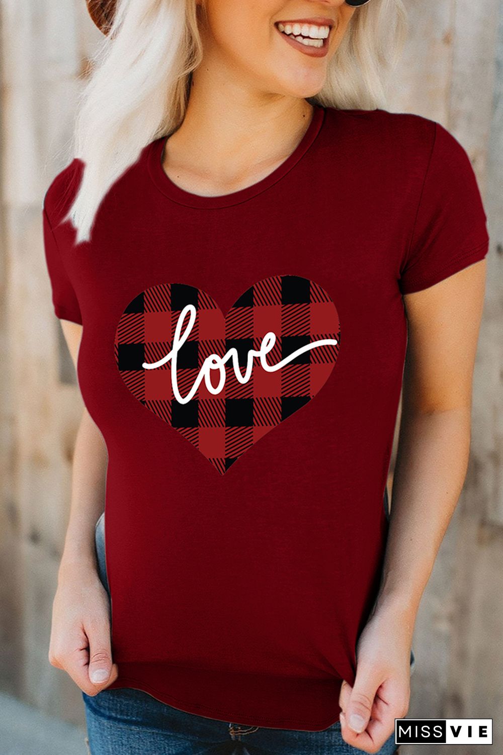 VALENTINE'S DAY Plaid Heart Graphic Tee Short Sleeve T shirts Top Wholesale