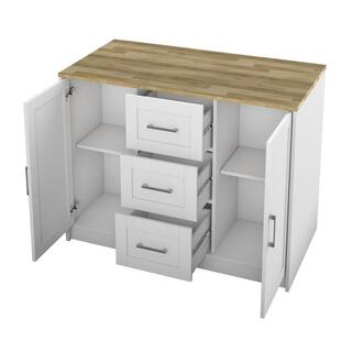 Twin Star Home Brilliant White Wood 45.5 in. Traditional Kitchen Island with Butcher Block Top KI972-PF08