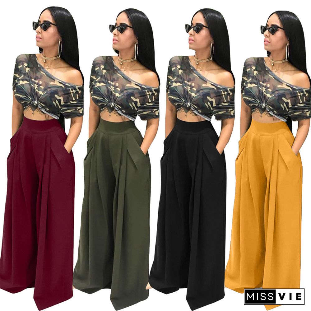 Women Solid Flared Wide Legs Long Pants