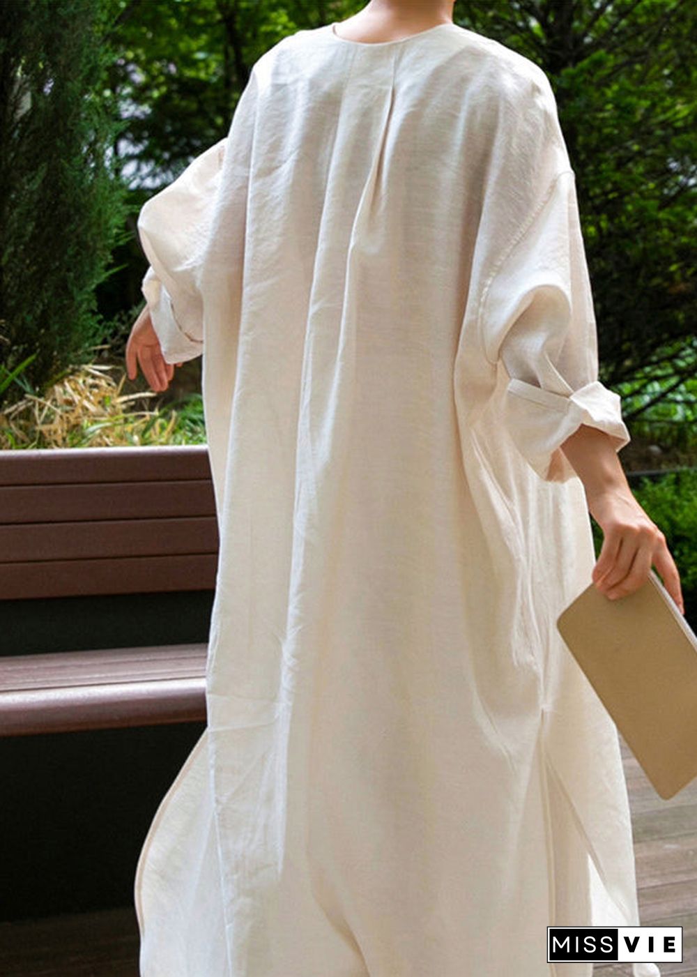 Loose Beige V Neck Asymmetrical Button Maxi Dresses Long Sleeve