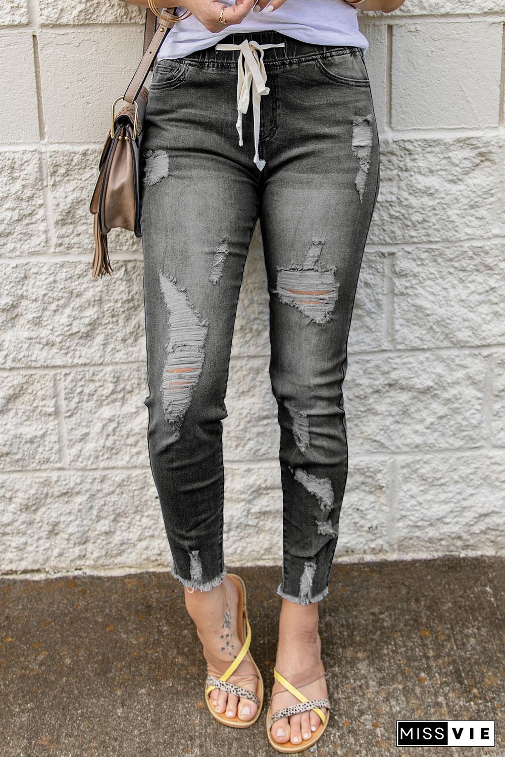 Gray Drawstring Elastic Waist Hole Ripped Jeans