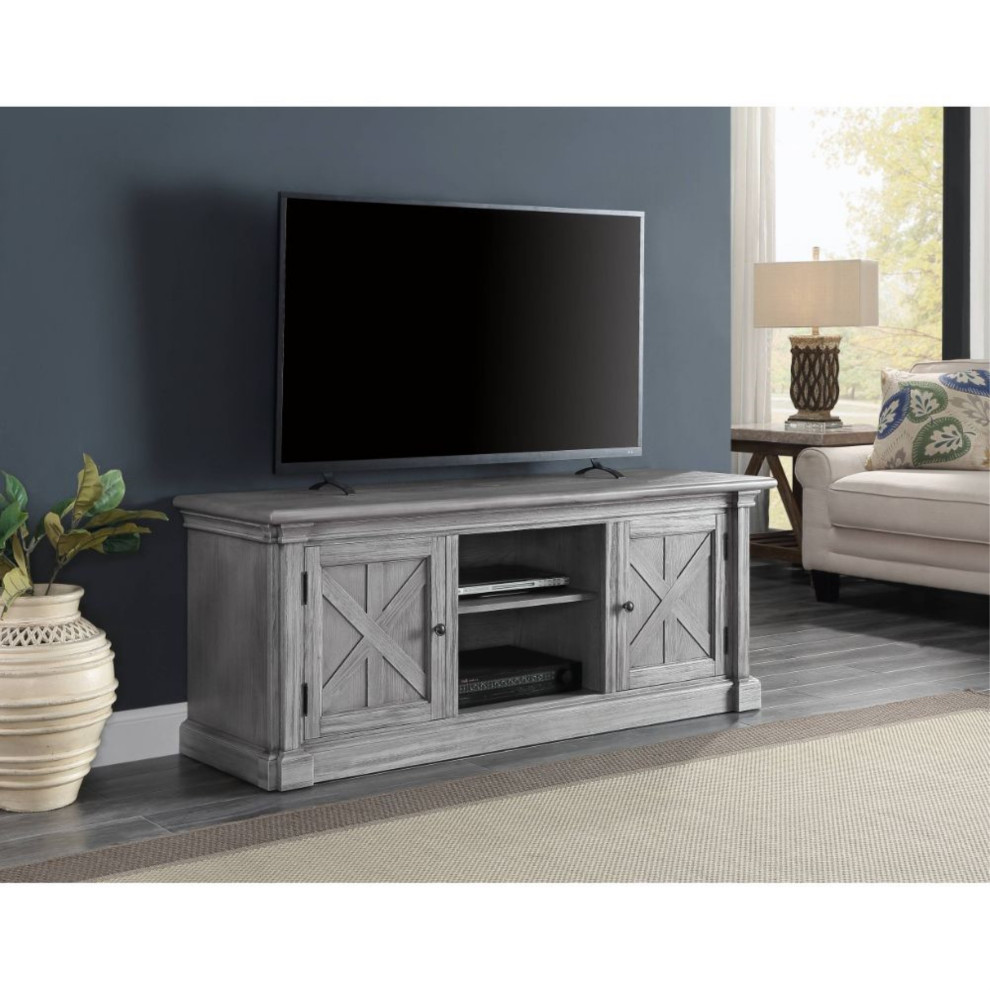 Rustic TV Stand  Unique Design With Carved Details  Cross Buck Doors  Gray Oak   Traditional   Entertainment Centers And Tv Stands   by Declusia  Houzz