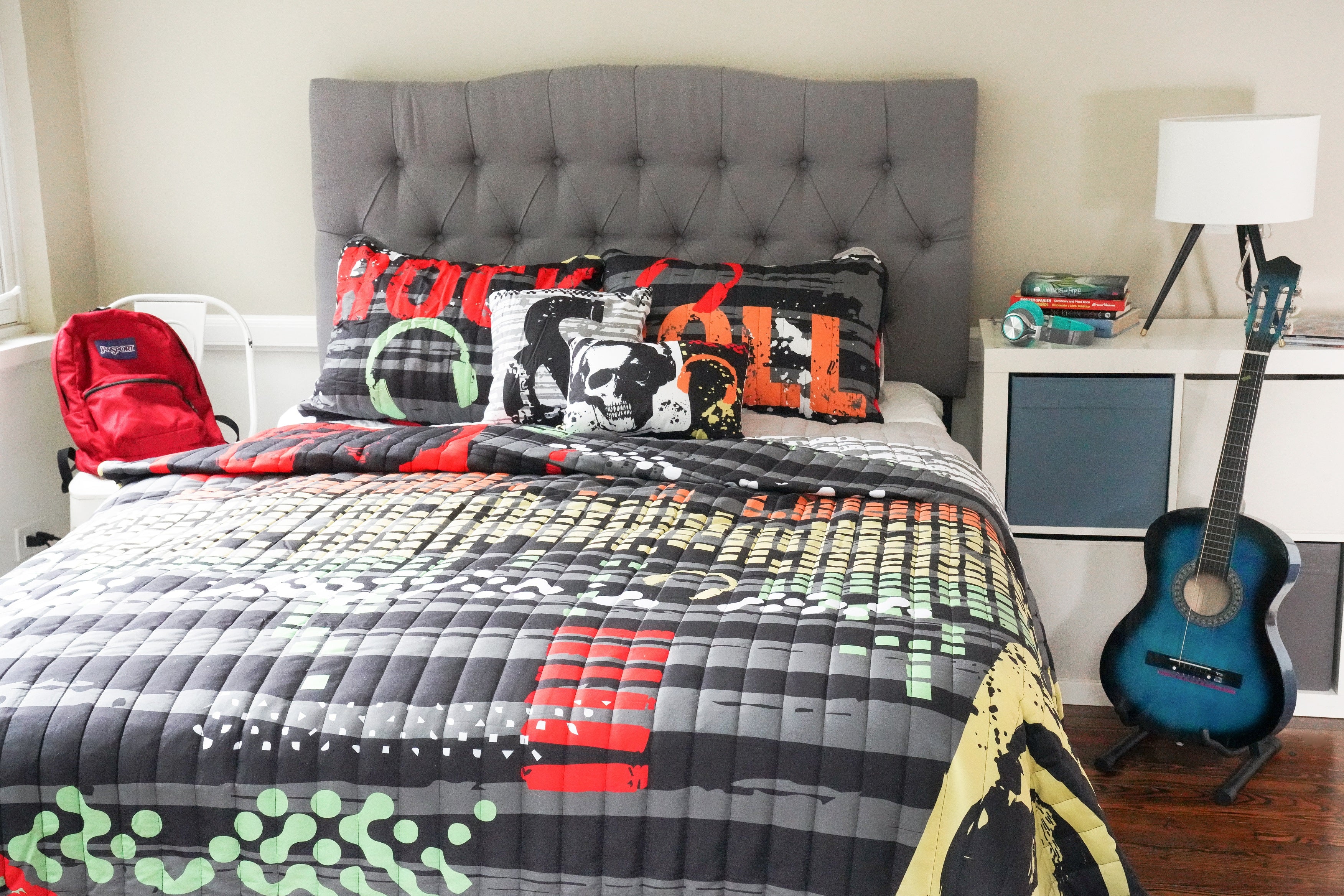 Bedding Bundle: Rock N Roll Quilt Set + Soft Stripe Coverlet Set