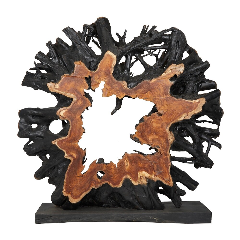 Brown Teak Wood Handmade Large Oversized Tree Root Floor Abstract Sculpture with Live Edge Teak Base