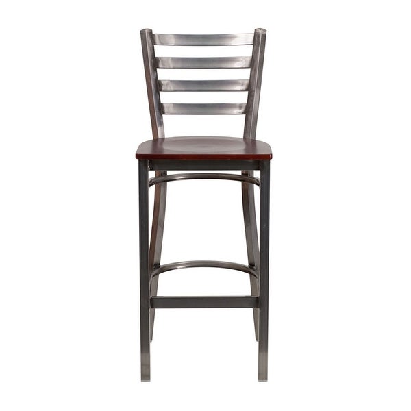 Offex Clear Coated Ladder Back Metal Restaurant Barstool - Mahogany Wood Seat