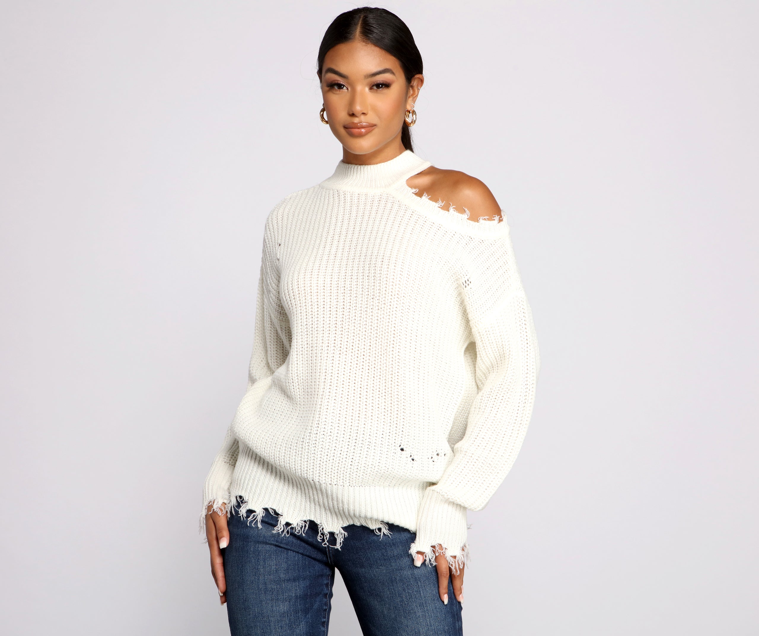 Distressed Cold Shoulder Crew Neck Sweater