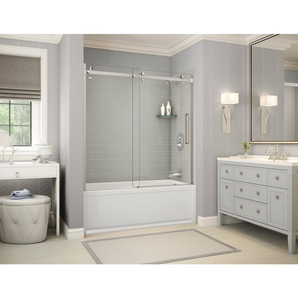 MAAX Utile Metro 32 in. x 60 in. x 81 in. Bath and Shower Combo in Soft Grey New Town Right Drain Halo Door Brushed Nickel 106917-301-500-104