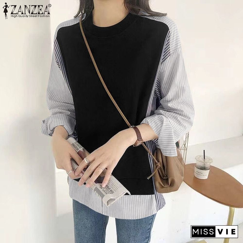 Women Casual Full Sleeved Top O Neck Cotton Holiday Spring Patchwork Retro Shirt Blouse Plus Size