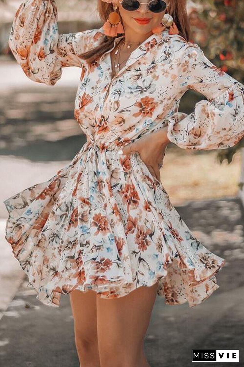 Floral Print Long Sleeve Mini Dress