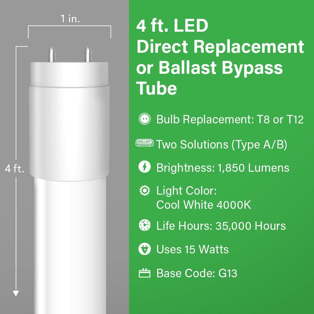 Feit Electric 4 ft. 15-W G13 Type AB T8 Plug and Play Or T8T12 Ballast Bypass Linear LED Tube Light Bulb Cool White 4000K (10-Pack) T4815840ABLED10RP