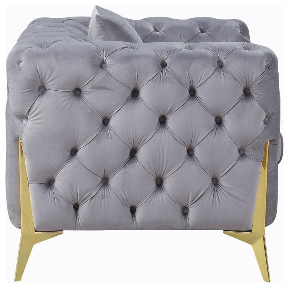 ACME Jelanea Velvet Tufted Upholstery Loveseat with 2 Pillows in Gray and Gold   Midcentury   Loveseats   by Homesquare  Houzz