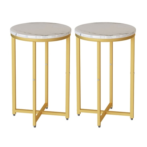 Set of 2 Round End Side Table with Faux Marble Top and Metal Frame