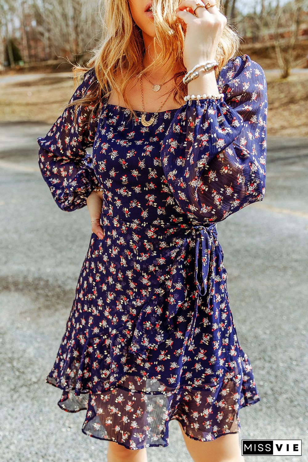 Blue Floral Print Smocked Square Neck Bubble Sleeve Dress