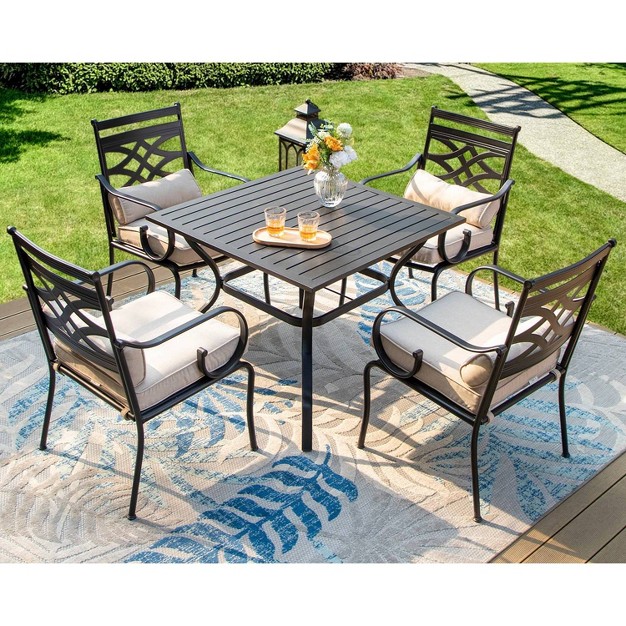 5pc Outdoor Dining Set With Seat amp Back Cushions amp Square Metal Table With Umbrella Hole Captiva Designs