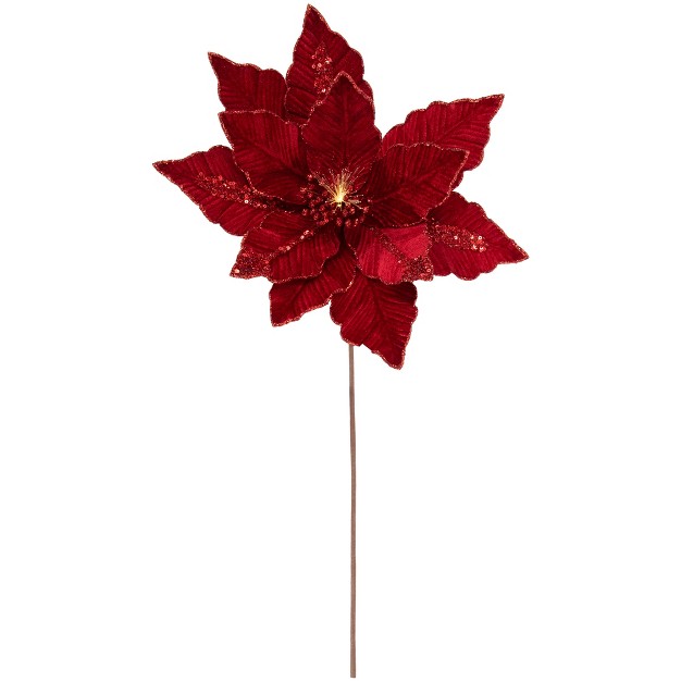 Lighted Red Velvet Poinsettia Christmas Stem Spray