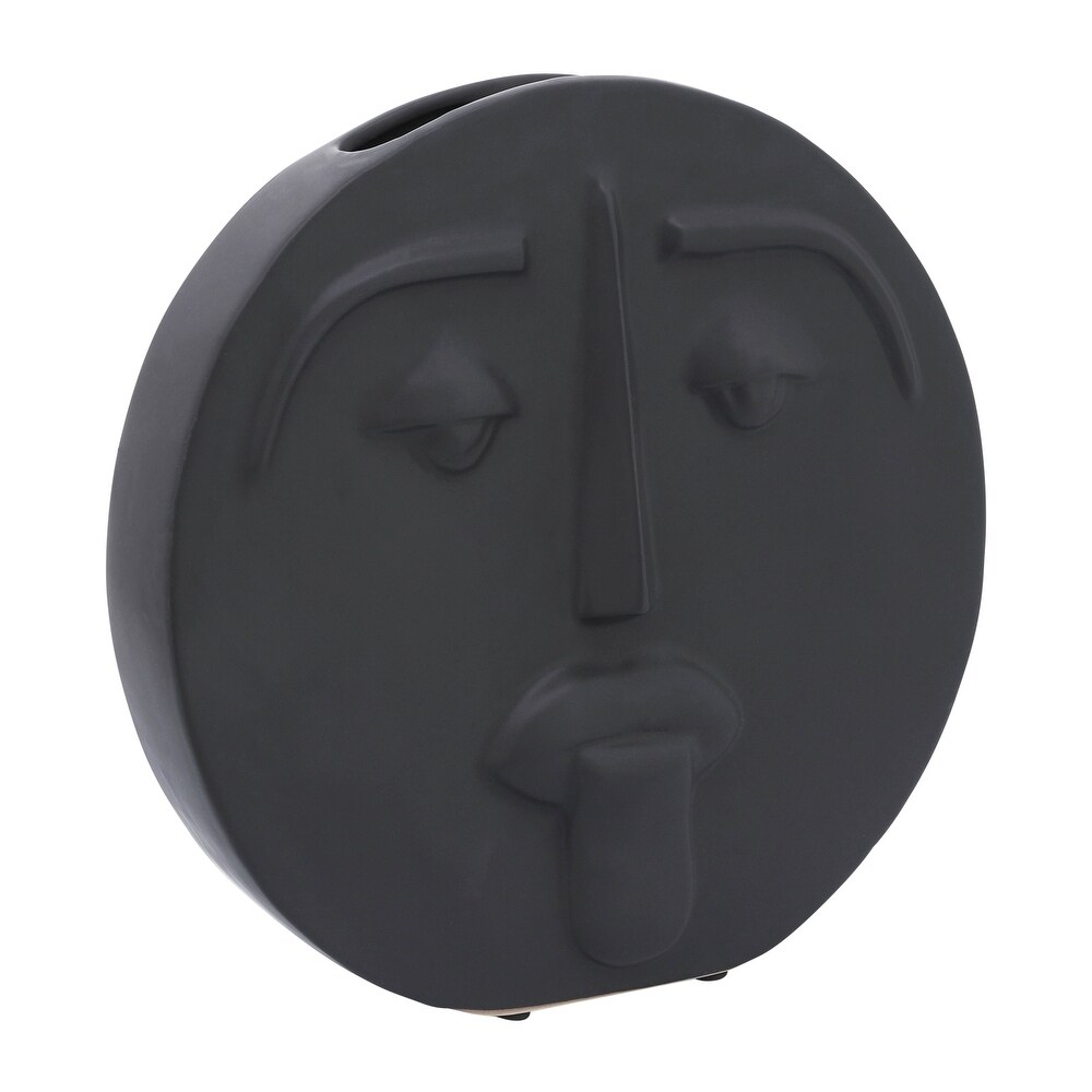 Round Ceramic Face Vase Contemporary Abstract Black Circle Vase with Sad Face Design Decorative Vase for Table