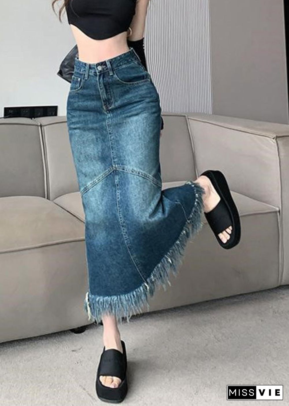 Women Navy High Waist Patchwork Tassel Denim Maxi Skirts Summer