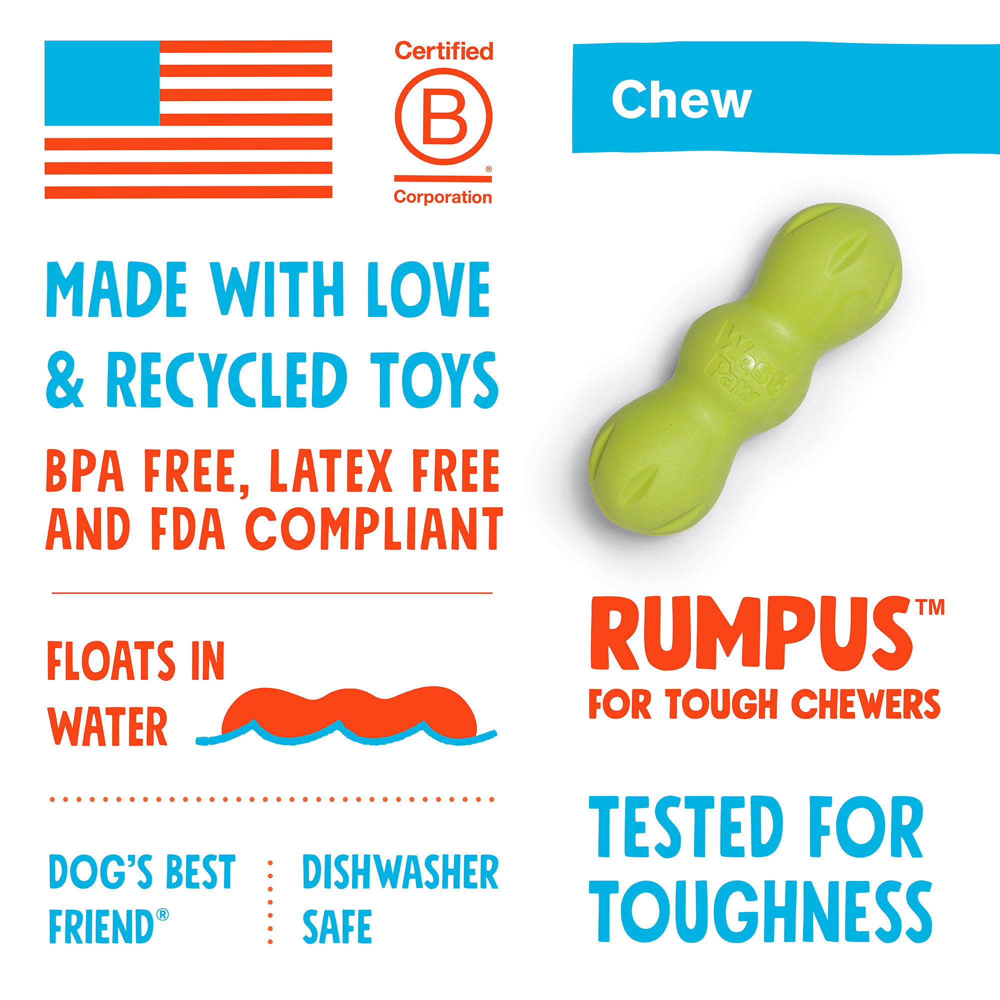 West Paw Rumpus Chew Assorted Dog Toy， Small