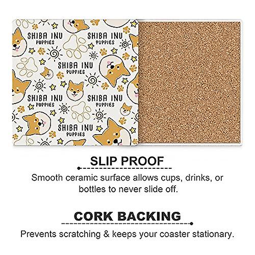 Colourlife Shiba Inu Dog Printed Square Ceramic Coaster For Drinks With Cork Base For Coffee Cups Place Mats For Home Decor Set Of 6 Pieces