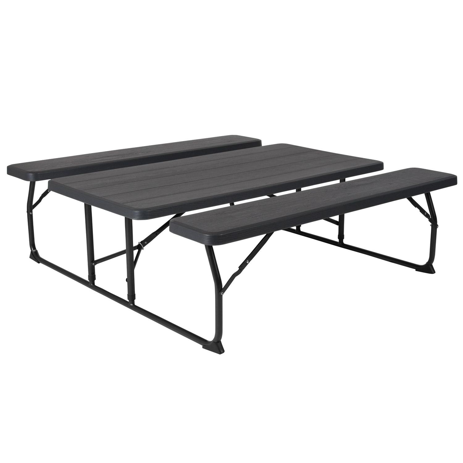 Flash Furniture Insta-Fold Charcoal Wood Grain Folding Picnic Table and Benches  4.5 Foot Folding Table