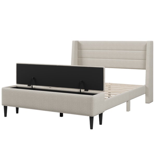 3 Pieces Bedroom Set Beige Queen Upholstered Storage Bed Frame with Storage Ottoman Bench and Two Nightstands - - 38050429